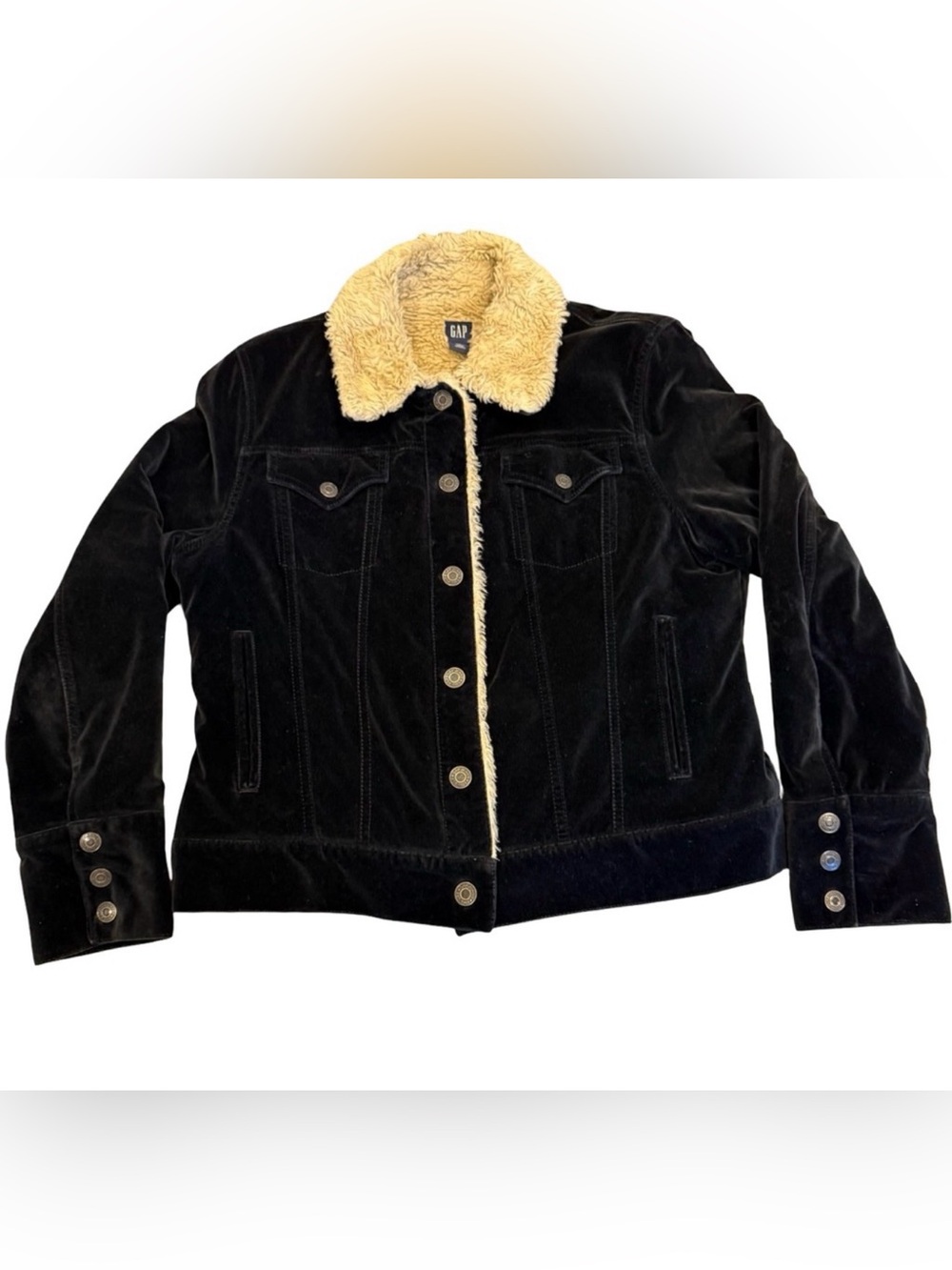 GAP Velvet Sherpa Trucker Jacket Womens Large Black Faux Shearling Lined